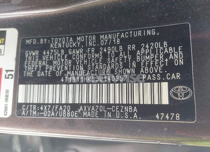 Photo 9 of 2018 Toyota Camry LE (VIN 4T1B11HK5JU140357)