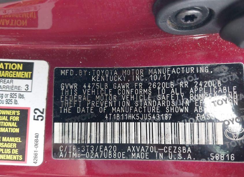 Photo 9 of 2018 Toyota Camry SE (VIN 4T1B11HK5JU543187)