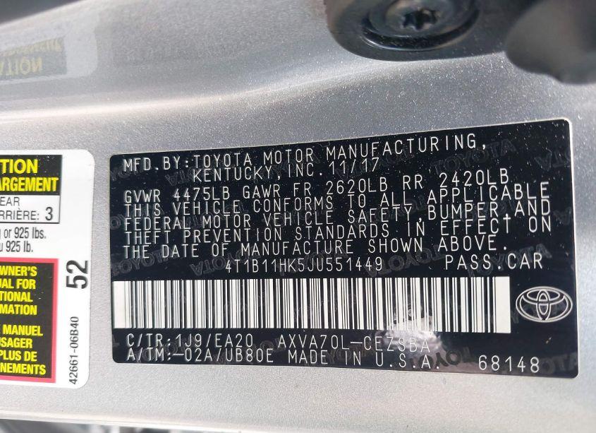 Photo 9 of 2018 Toyota Camry SE (VIN 4T1B11HK5JU551449)