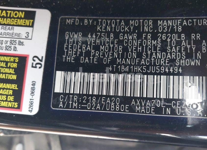 Photo 9 of 2018 Toyota Camry SE (VIN 4T1B11HK5JU594494)