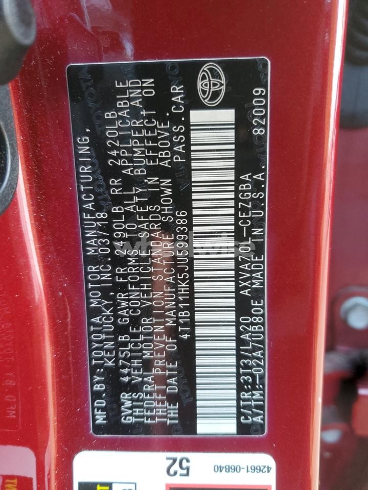 Photo 12 of 2018 TOYOTA CAMRY L (VIN 4T1B11HK5JU599386)