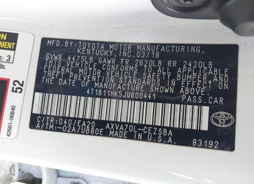 Photo 9 of 2018 Toyota Camry SE (VIN 4T1B11HK5JU600441)