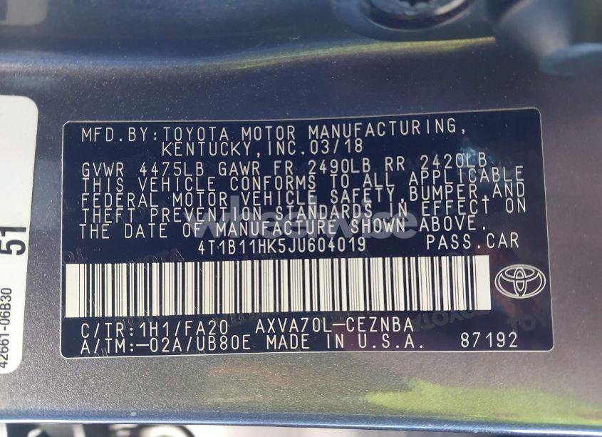 Photo 9 of 2018 Toyota Camry LE (VIN 4T1B11HK5JU604019)