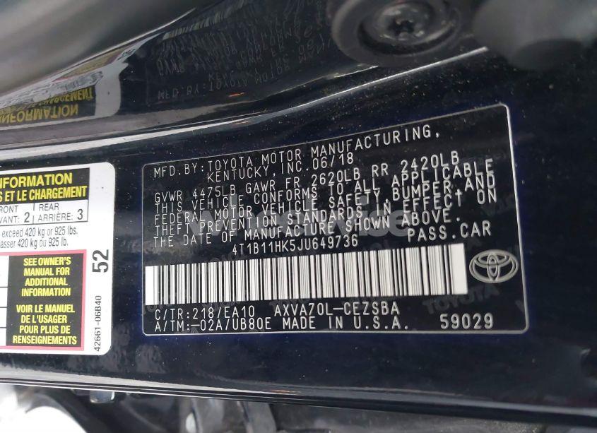 Photo 9 of 2018 Toyota Camry SE (VIN 4T1B11HK5JU649736)