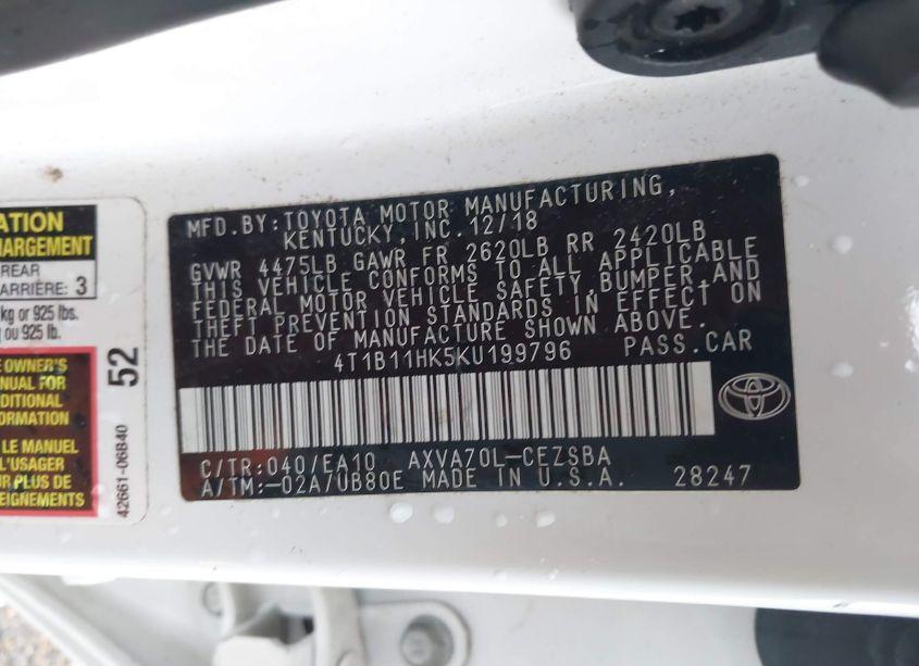 Photo 9 of 2019 Toyota Camry SE (VIN 4T1B11HK5KU199796)