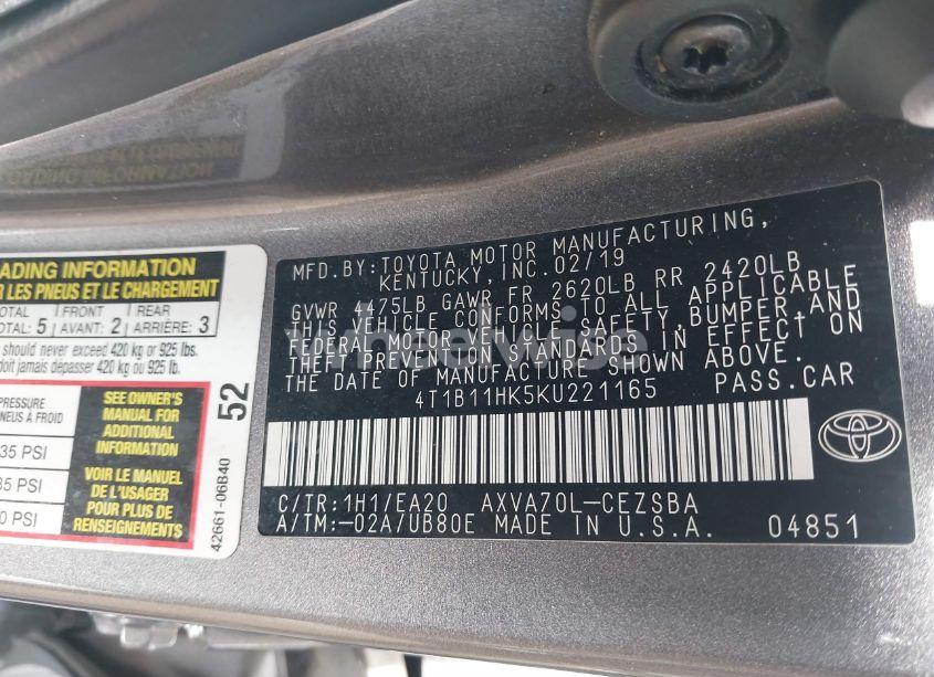 Photo 9 of 2019 Toyota Camry SE (VIN 4T1B11HK5KU221165)