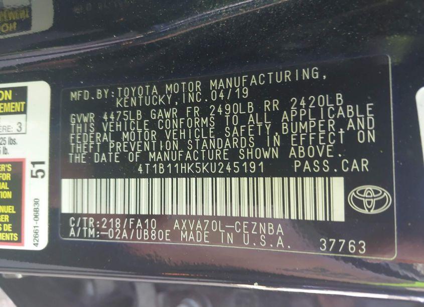 Photo 9 of 2019 Toyota Camry LE (VIN 4T1B11HK5KU245191)