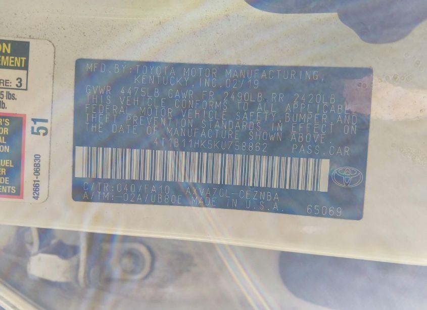 Photo 9 of 2019 Toyota Camry LE (VIN 4T1B11HK5KU758862)