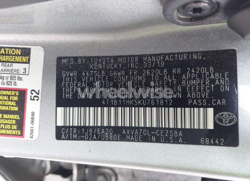 Photo 9 of 2019 Toyota Camry SE (VIN 4T1B11HK5KU761812)