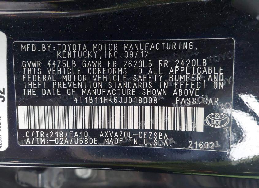 Photo 9 of 2018 Toyota Camry SE (VIN 4T1B11HK6JU018008)