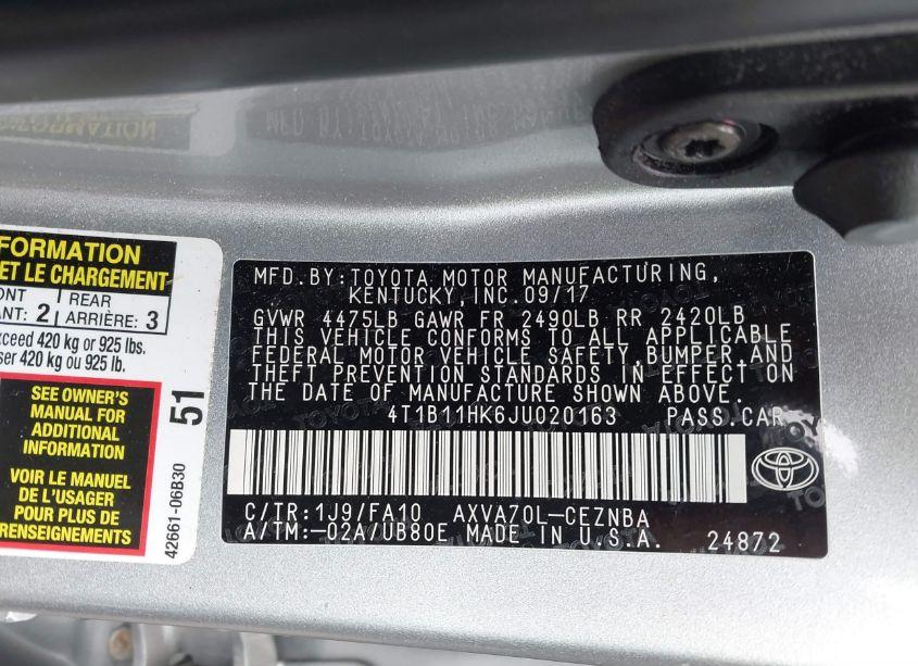 Photo 9 of 2018 Toyota Camry LE (VIN 4T1B11HK6JU020163)