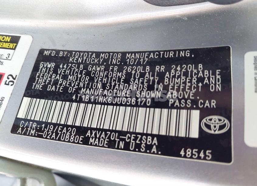 Photo 9 of 2018 Toyota Camry SE (VIN 4T1B11HK6JU036170)