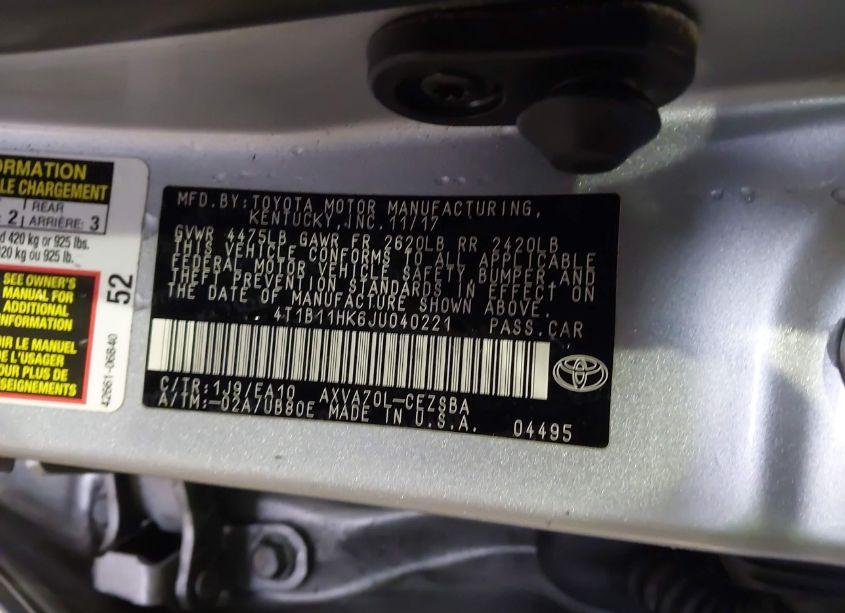 Photo 9 of 2018 Toyota Camry SE (VIN 4T1B11HK6JU040221)