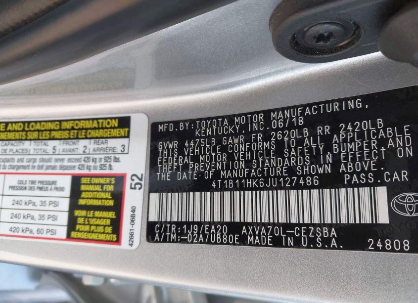 Photo 9 of 2018 Toyota Camry SE (VIN 4T1B11HK6JU127486)