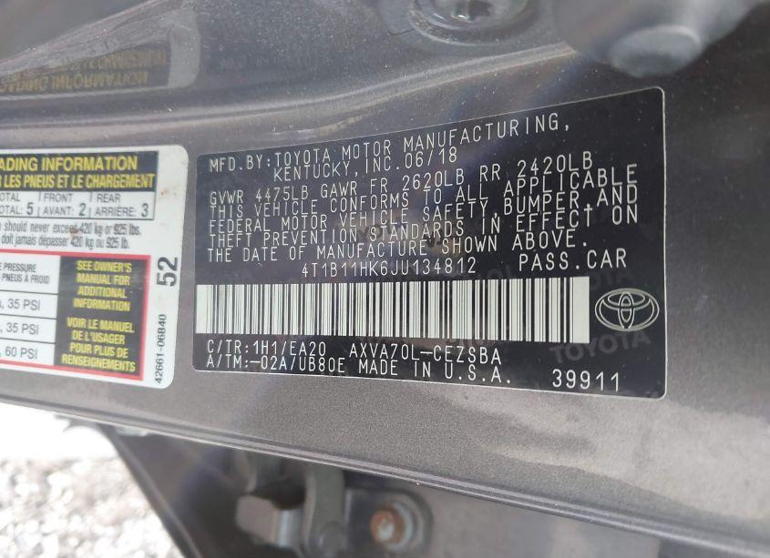 Photo 9 of 2018 Toyota Camry SE (VIN 4T1B11HK6JU134812)