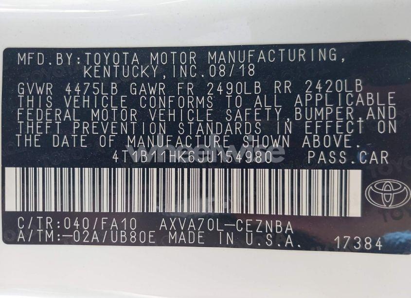 Photo 9 of 2018 Toyota Camry LE (VIN 4T1B11HK6JU154980)