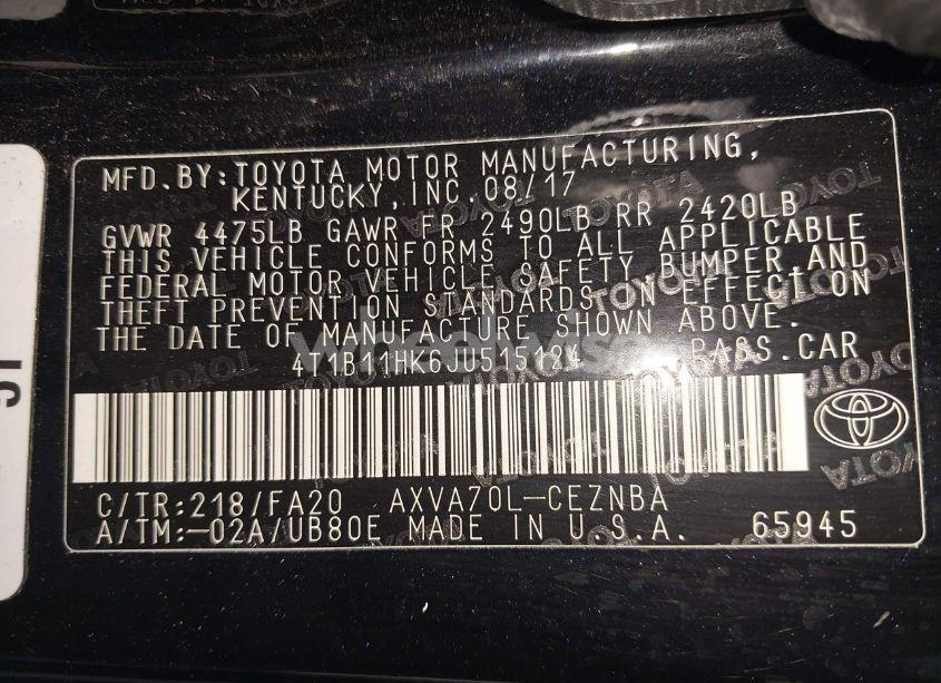 Photo 9 of 2018 Toyota Camry LE (VIN 4T1B11HK6JU515124)