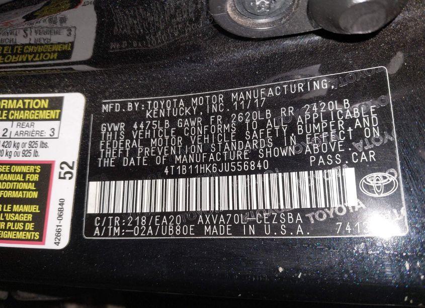 Photo 9 of 2018 Toyota Camry SE (VIN 4T1B11HK6JU556840)