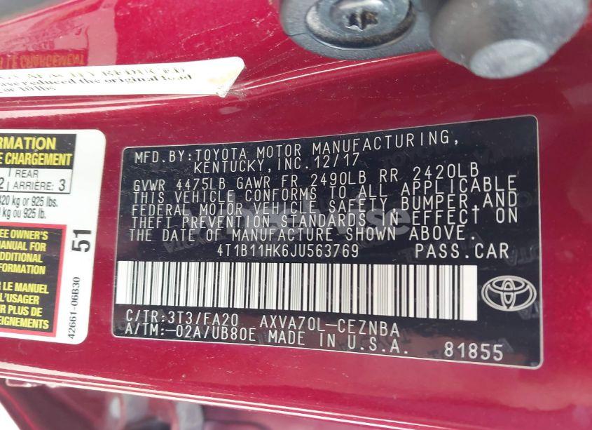 Photo 9 of 2018 Toyota Camry LE (VIN 4T1B11HK6JU563769)