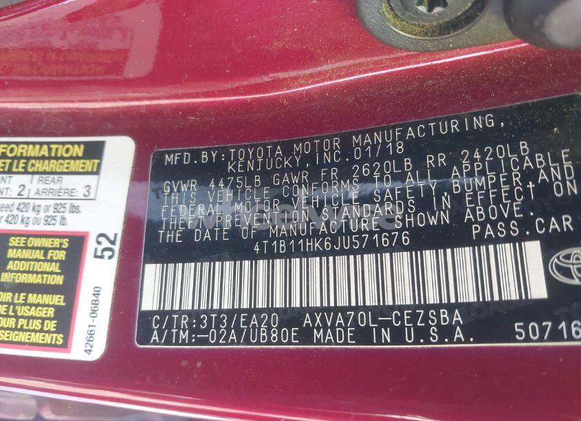 Photo 9 of 2018 Toyota Camry SE (VIN 4T1B11HK6JU571676)