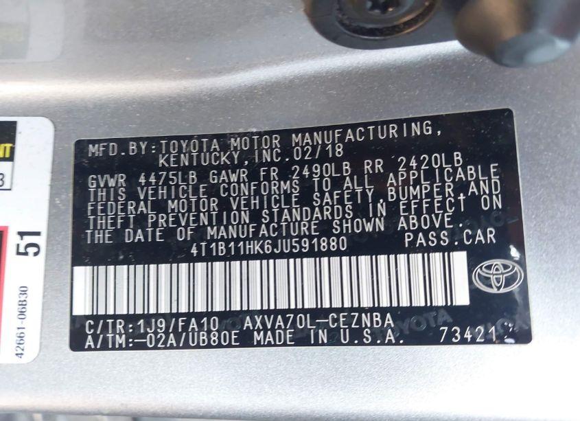 Photo 9 of 2018 Toyota Camry LE (VIN 4T1B11HK6JU591880)