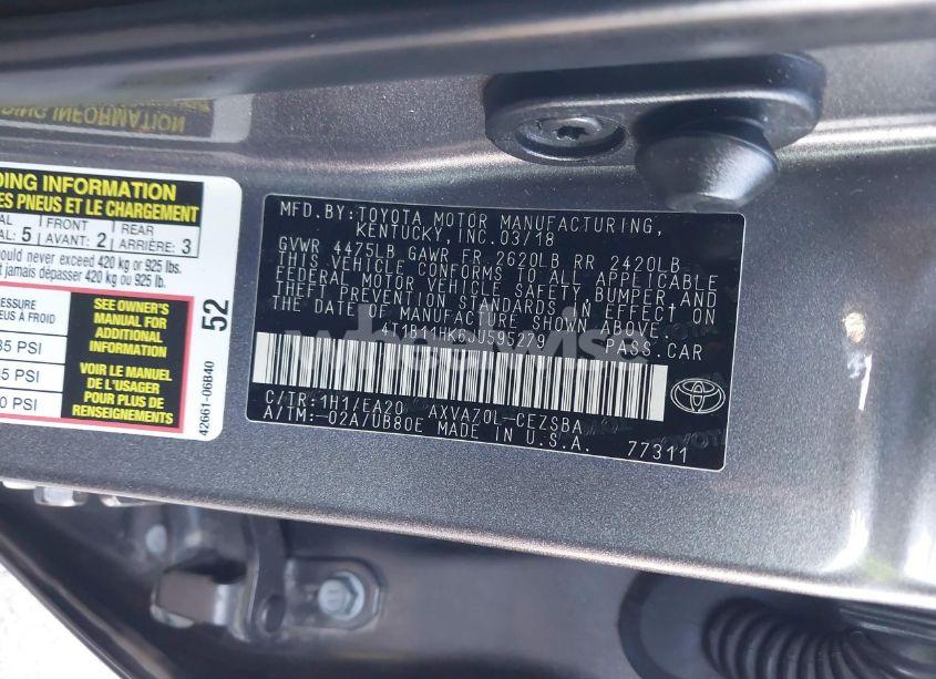 Photo 9 of 2018 Toyota Camry SE (VIN 4T1B11HK6JU595279)