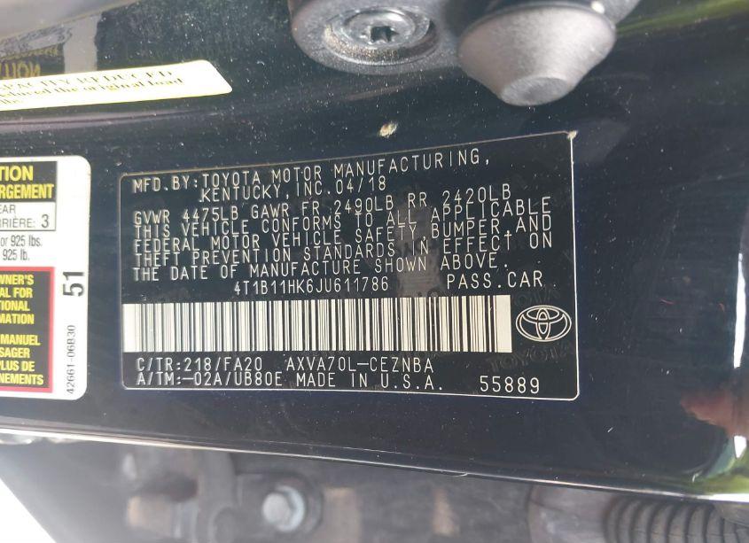 Photo 9 of 2018 Toyota Camry LE (VIN 4T1B11HK6JU611786)