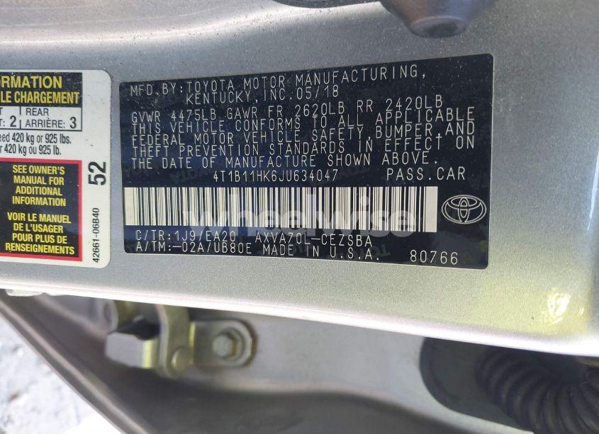 Photo 9 of 2018 Toyota Camry SE (VIN 4T1B11HK6JU634047)