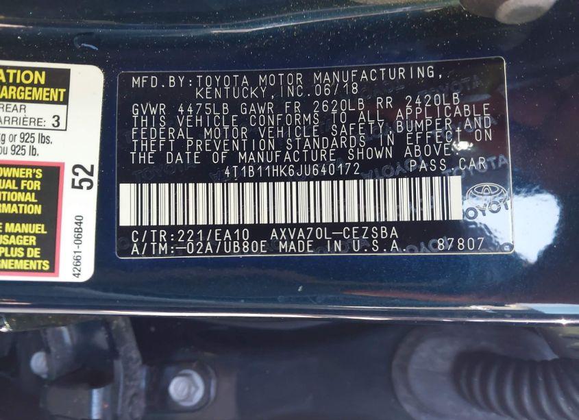 Photo 9 of 2018 Toyota Camry SE (VIN 4T1B11HK6JU640172)