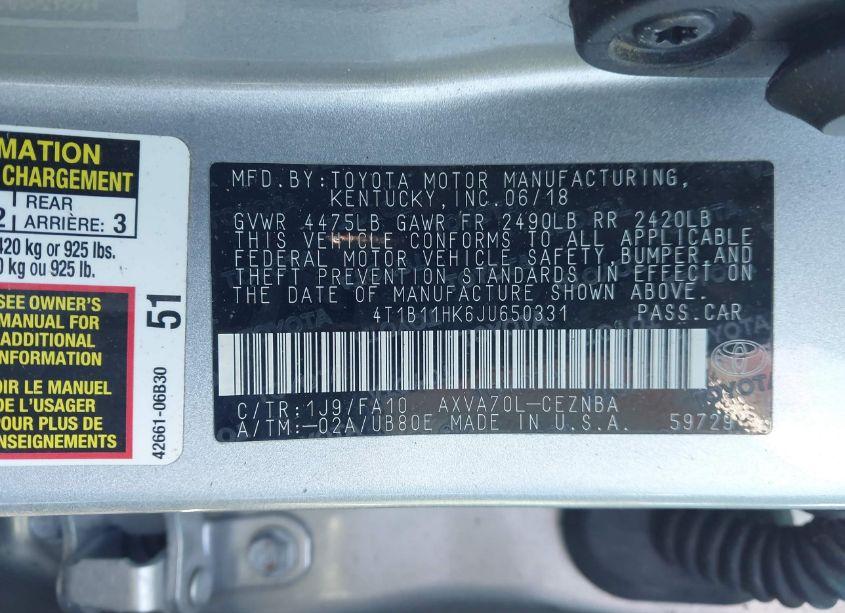 Photo 9 of 2018 Toyota Camry LE (VIN 4T1B11HK6JU650331)