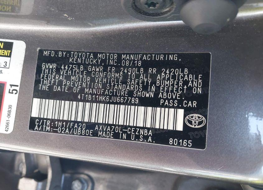 Photo 9 of 2018 Toyota Camry LE (VIN 4T1B11HK6JU667789)