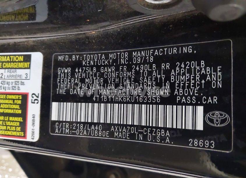 Photo 9 of 2019 Toyota Camry XLE (VIN 4T1B11HK6KU163356)