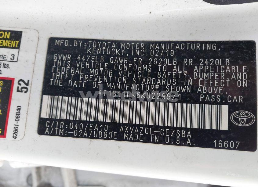 Photo 9 of 2019 Toyota Camry SE (VIN 4T1B11HK6KU229971)