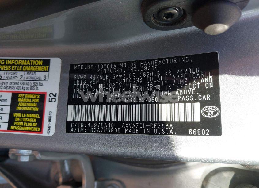 Photo 9 of 2019 Toyota Camry SE (VIN 4T1B11HK6KU692080)