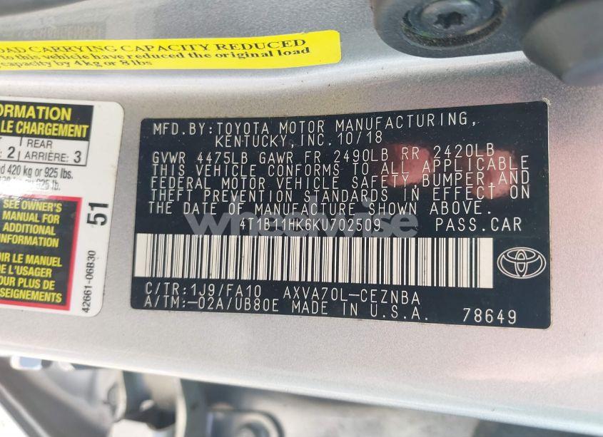 Photo 9 of 2019 Toyota Camry LE (VIN 4T1B11HK6KU702509)