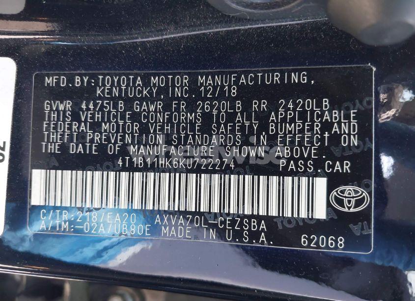 Photo 9 of 2019 Toyota Camry SE (VIN 4T1B11HK6KU722274)