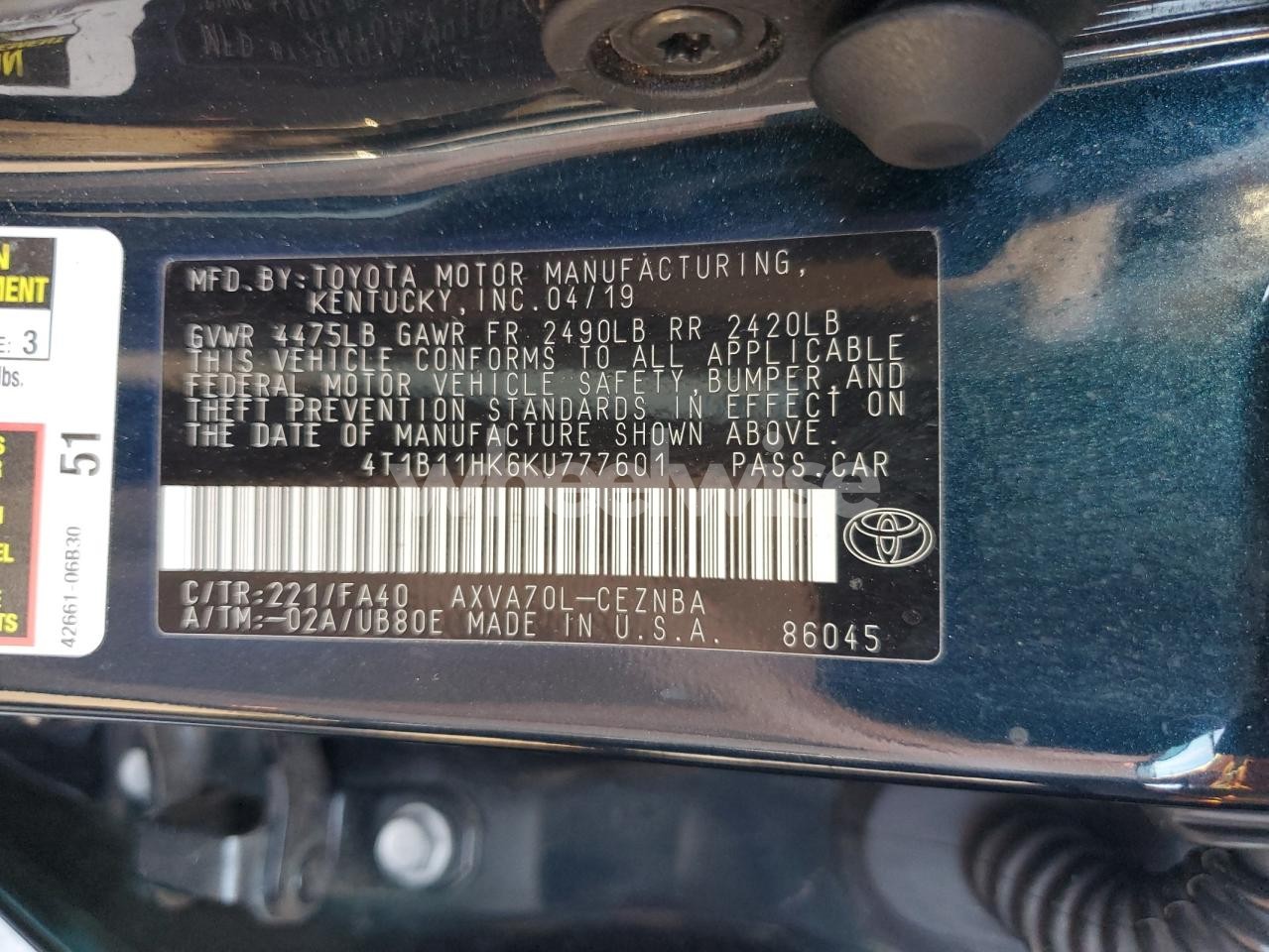 Photo 12 of 2019 TOYOTA CAMRY L (VIN 4T1B11HK6KU777601)