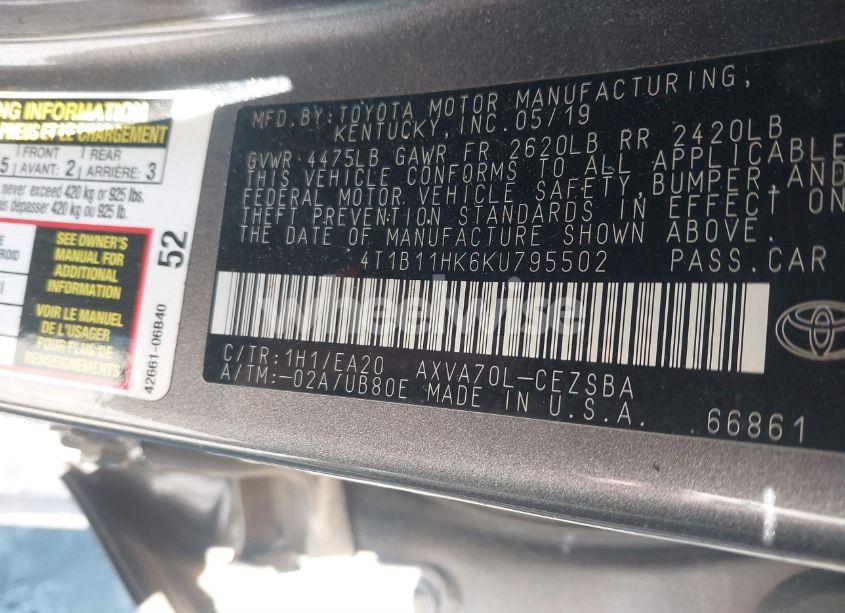 Photo 9 of 2019 Toyota Camry SE (VIN 4T1B11HK6KU795502)