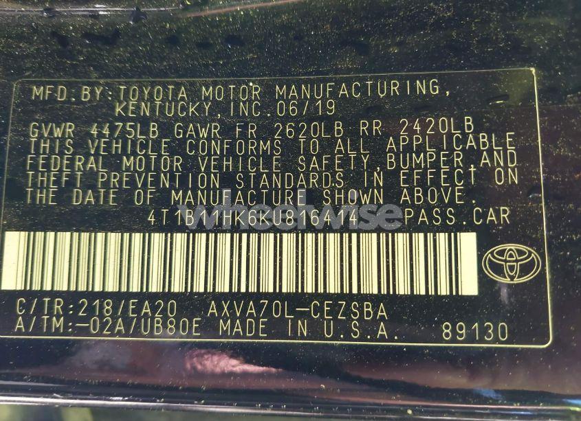 Photo 9 of 2019 Toyota Camry SE (VIN 4T1B11HK6KU816414)