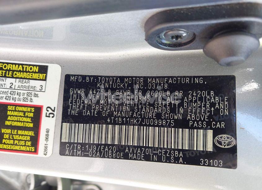 Photo 9 of 2018 Toyota Camry SE (VIN 4T1B11HK7JU099875)