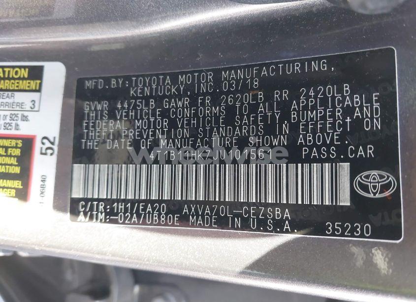 Photo 9 of 2018 Toyota Camry SE (VIN 4T1B11HK7JU101561)