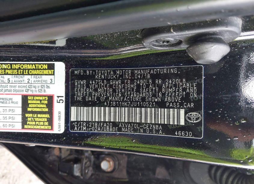 Photo 9 of 2018 Toyota Camry LE (VIN 4T1B11HK7JU110521)