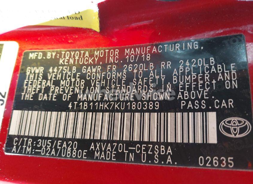 Photo 9 of 2019 Toyota Camry L/LE/XLE/SE/XSE (VIN 4T1B11HK7KU180389)