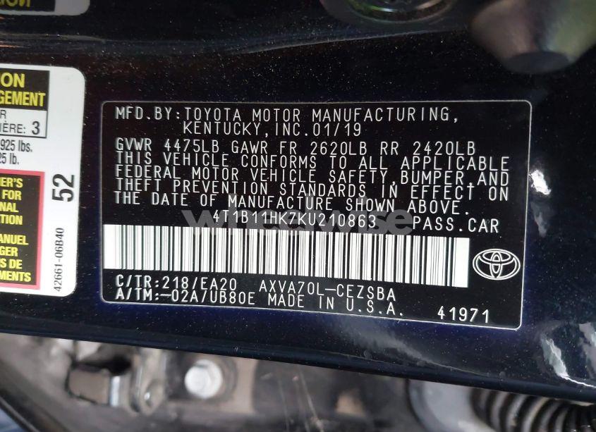 Photo 9 of 2019 Toyota Camry SE (VIN 4T1B11HK7KU210863)