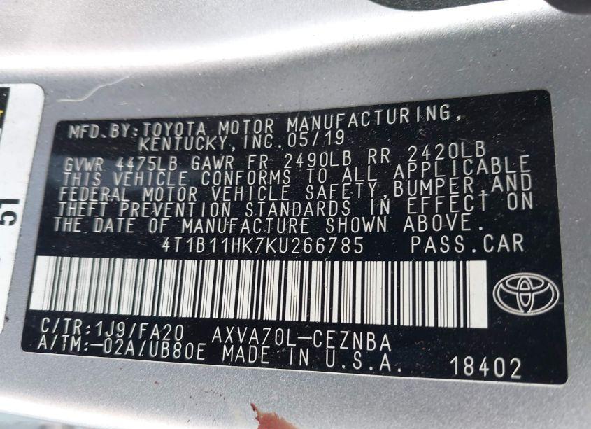 Photo 9 of 2019 Toyota Camry LE (VIN 4T1B11HK7KU266785)