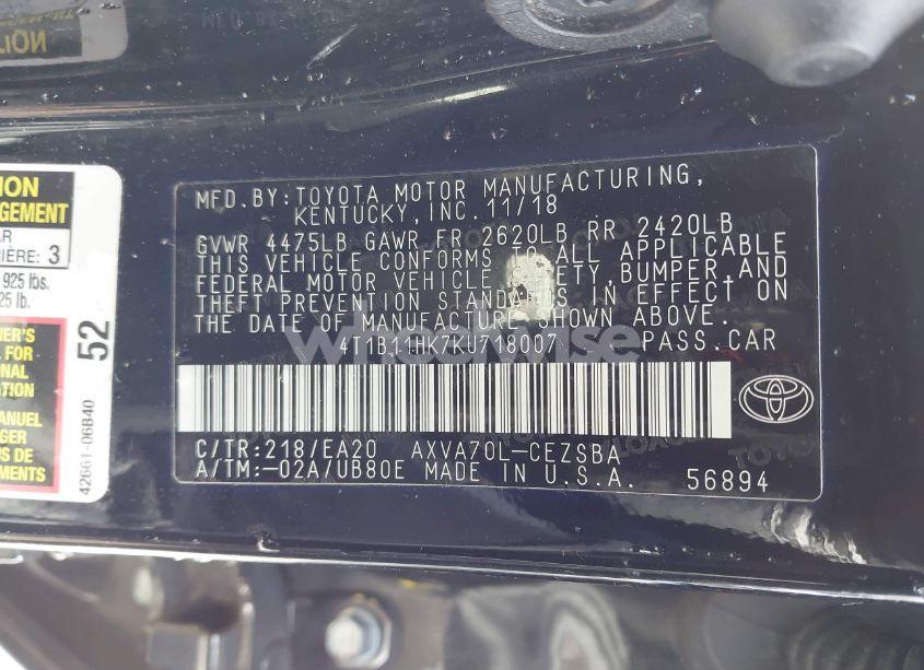 Photo 9 of 2019 Toyota Camry SE (VIN 4T1B11HK7KU718007)