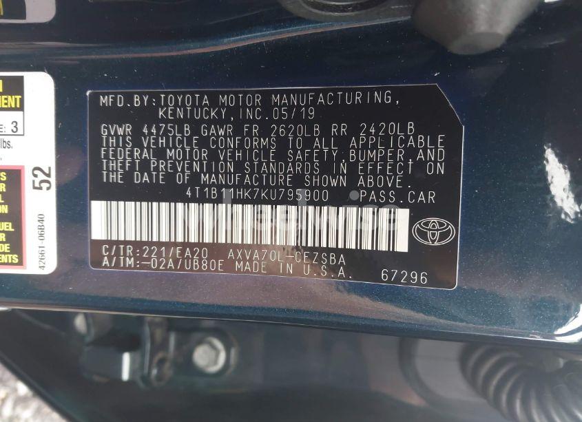 Photo 9 of 2019 Toyota Camry SE (VIN 4T1B11HK7KU795900)