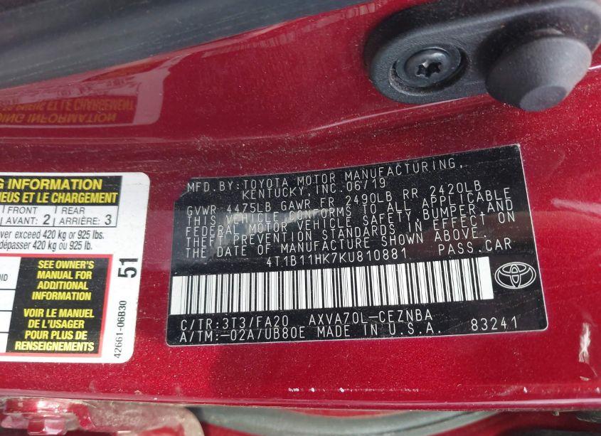 Photo 9 of 2019 Toyota Camry LE (VIN 4T1B11HK7KU810881)