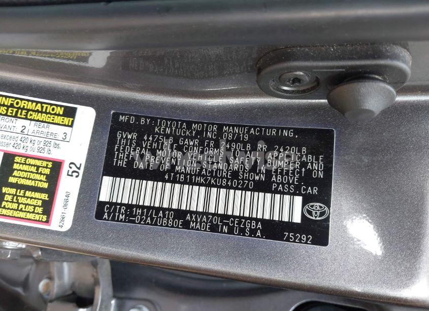 Photo 9 of 2019 Toyota Camry XLE (VIN 4T1B11HK7KU840270)