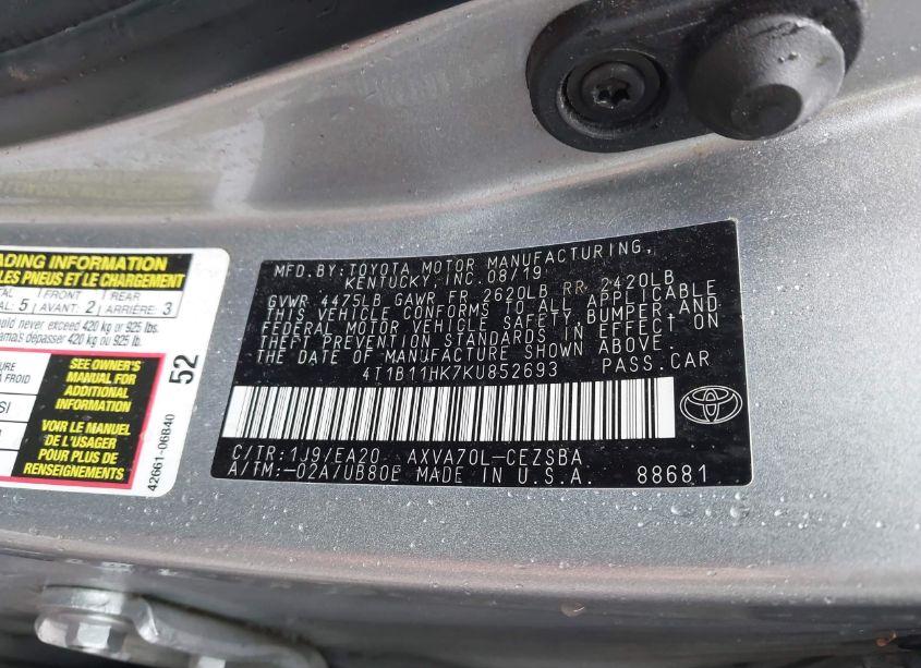 Photo 9 of 2019 Toyota Camry SE (VIN 4T1B11HK7KU852693)